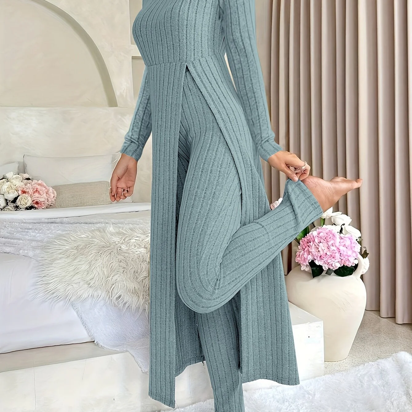 Plaid Zweiteiler – Rundhals-Top mit Schlitz & passende Hose - Image 15