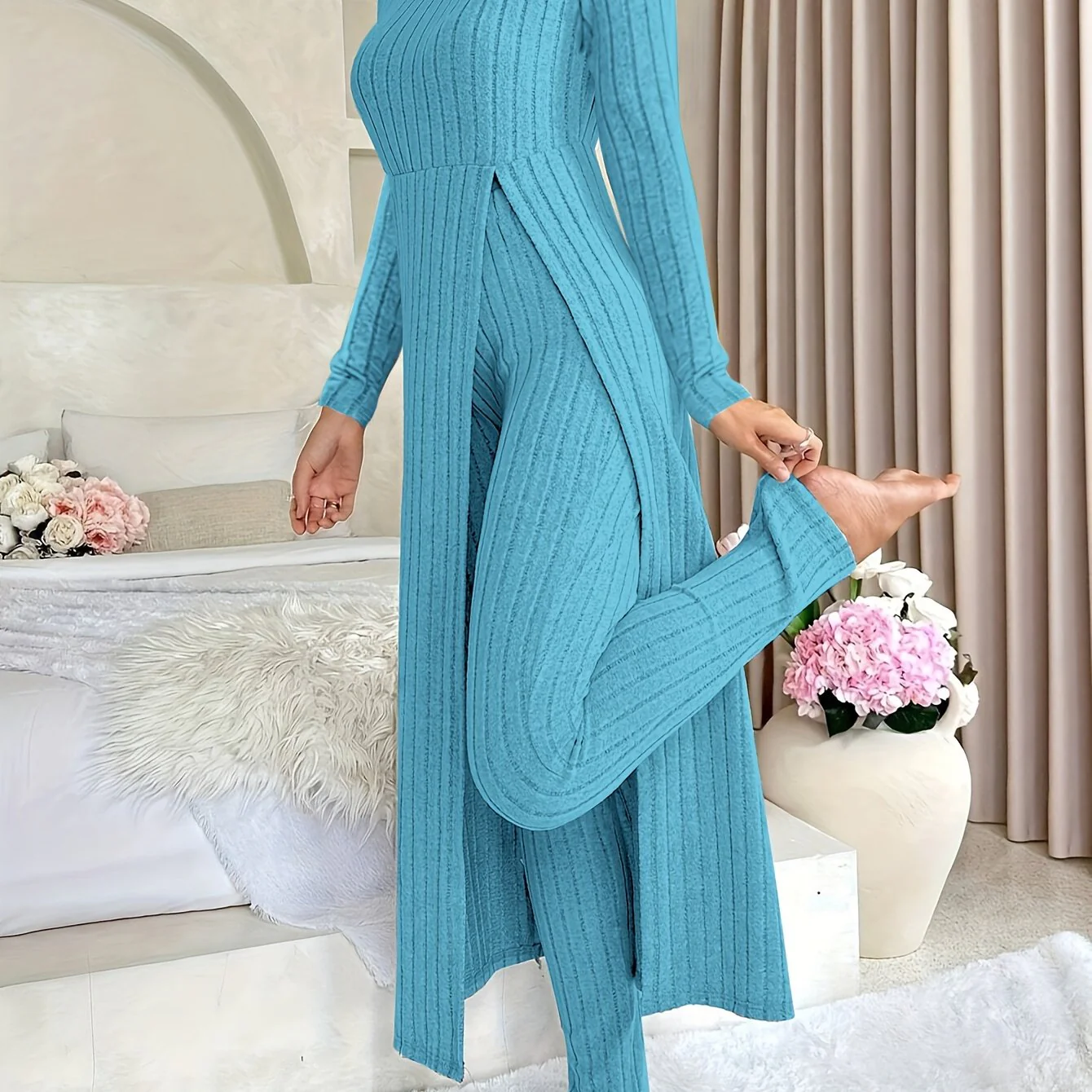 Plaid Zweiteiler – Rundhals-Top mit Schlitz & passende Hose - Image 18