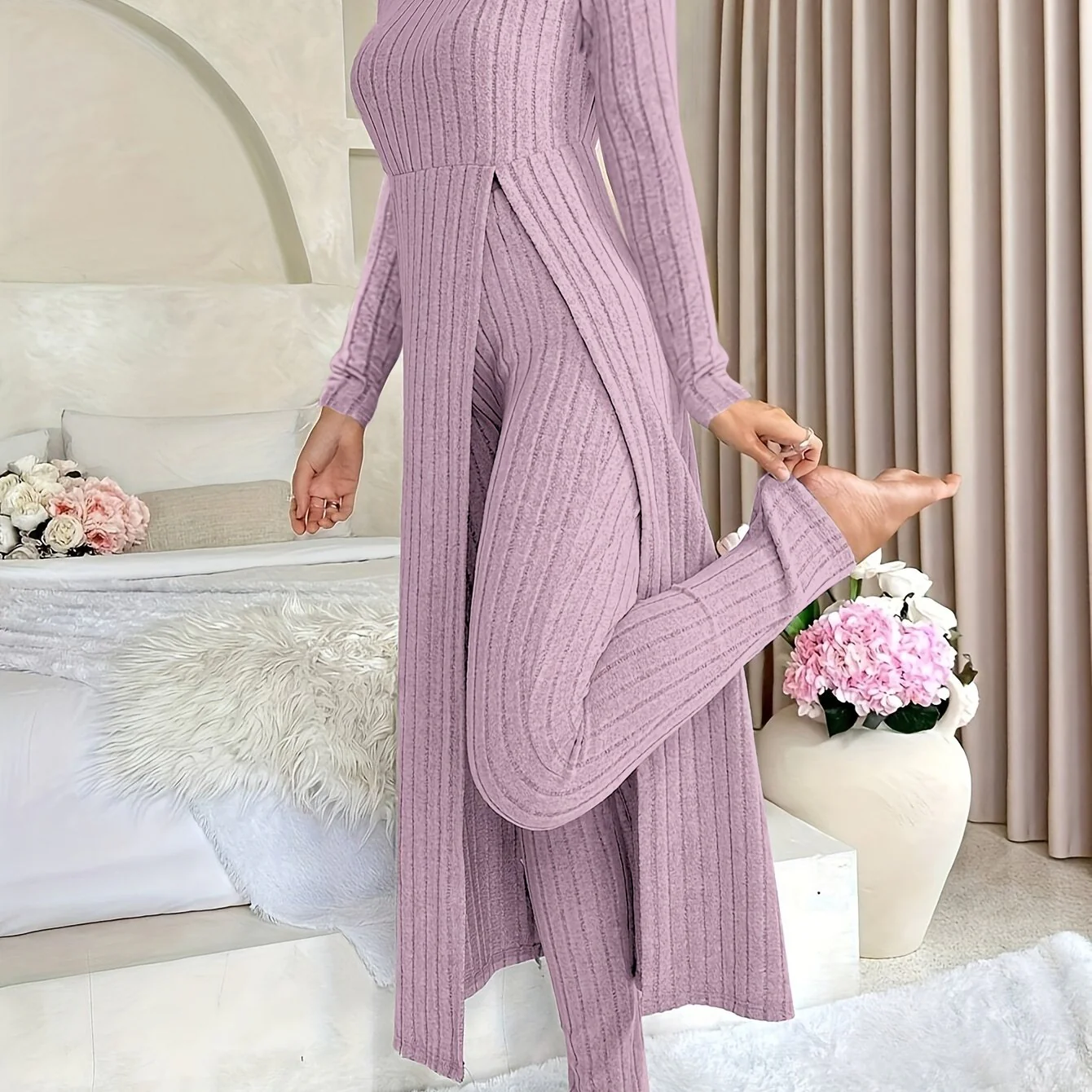 Plaid Zweiteiler – Rundhals-Top mit Schlitz & passende Hose - Image 20