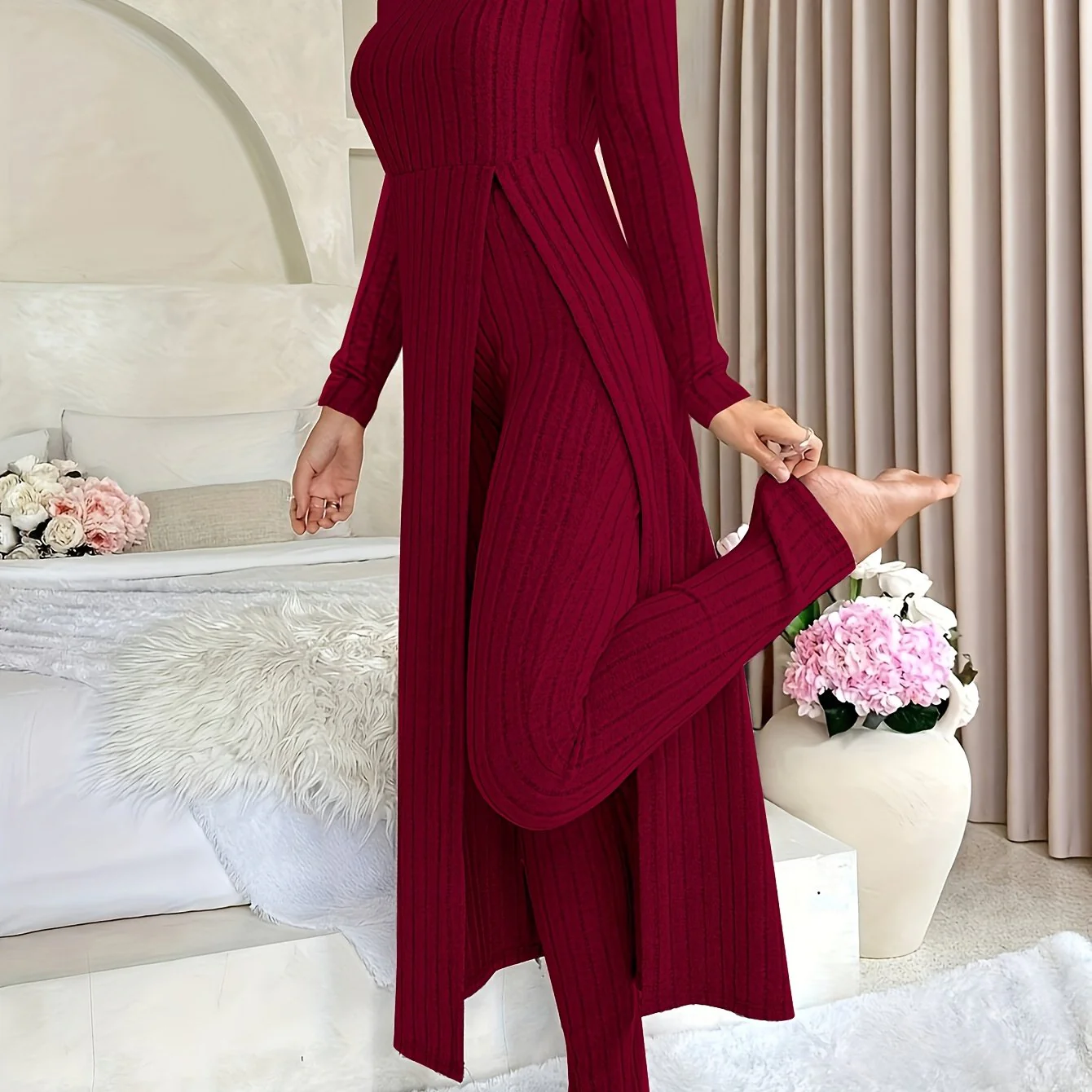 Plaid Zweiteiler – Rundhals-Top mit Schlitz & passende Hose - Image 21