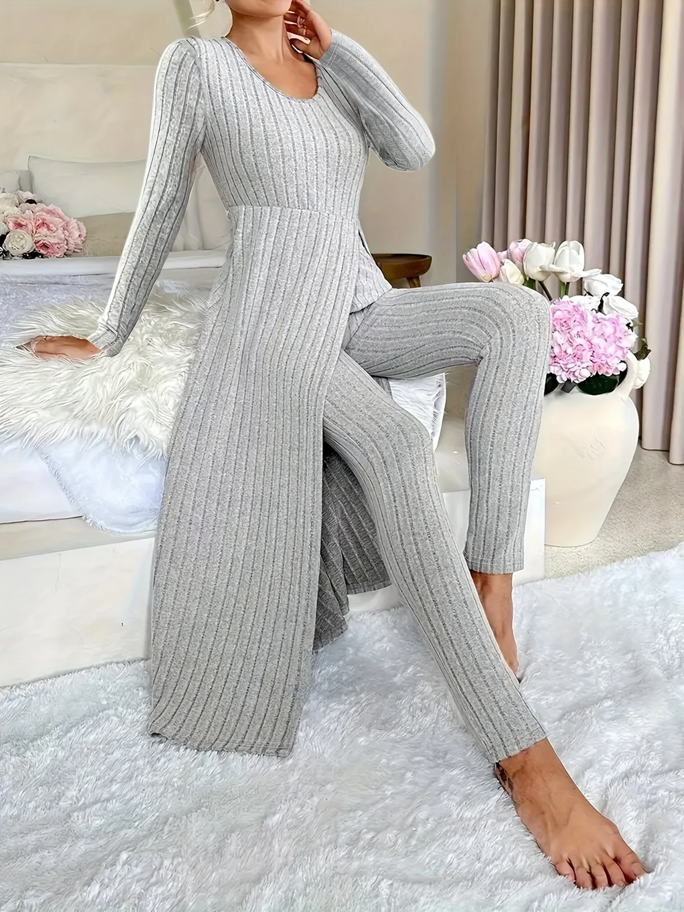 Plaid Zweiteiler – Rundhals-Top mit Schlitz & passende Hose - Image 3