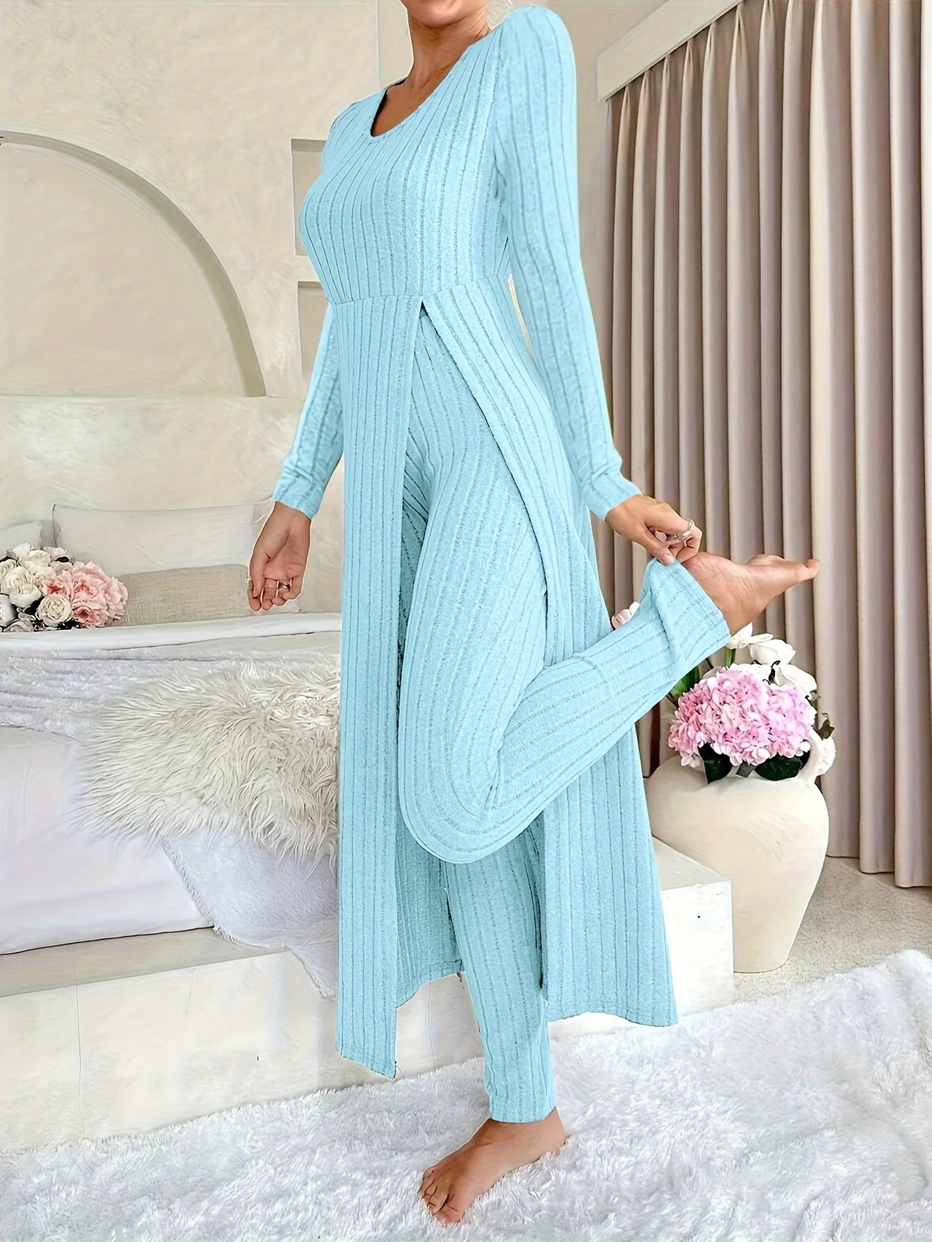 Plaid Zweiteiler – Rundhals-Top mit Schlitz & passende Hose - Image 5